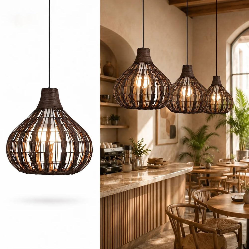 13,78 Brązowa Lampa Wisząca Z Naturalnego Rattanu, Pleciony Klosz Do Lampy Wiszącej W Kształcie Latarni, Wisząca Lampa Sufitowa, Ręcznie Robiony Klosz Do Wyspy Kuchennej W Korytarzu I Przedpokoju