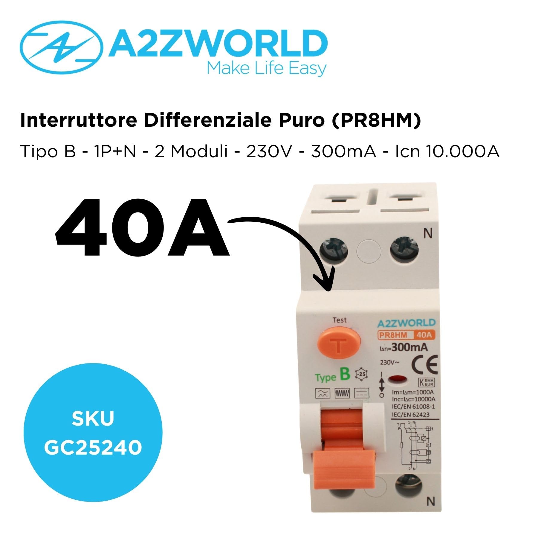 Interrupteur différentiel pur type B 300 mA, disjoncteur différentiel type B 40 A, RCCB 1P+N 10 kA 220 V, 2 modules DIN, série PR8HM électromagnétique, certifié IEC61008-1