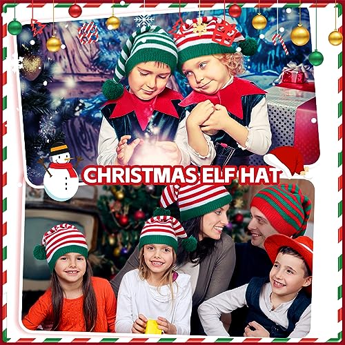 Ramede 12 Christmas Knitted Elf Hats Santa Hat for Adults Xmas Beanie Winter Hats with Pompom Bulk Crochet Caps for Women Men(Vivid Color,Stripe) by Ramede - Image 4
