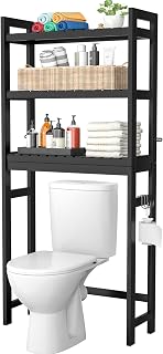 Homykic 3-Tier Bamboo Over Toilet Storage Shelf with 3 Hooks - Freestanding Bathroom Organizer Rack for Small Spaces, Rust-Proof, Easy Assembly