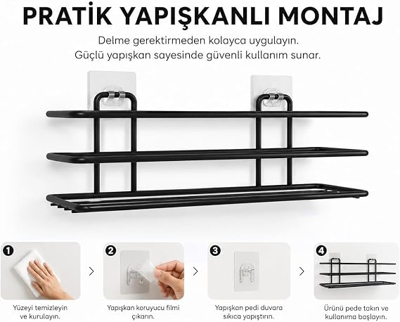 Alper Banyo Yapışkanlı Siyah 2 Adet Tek Katlı Düz Şampuanlık Tş01, Delmeye Son, Matkap Vida Yok