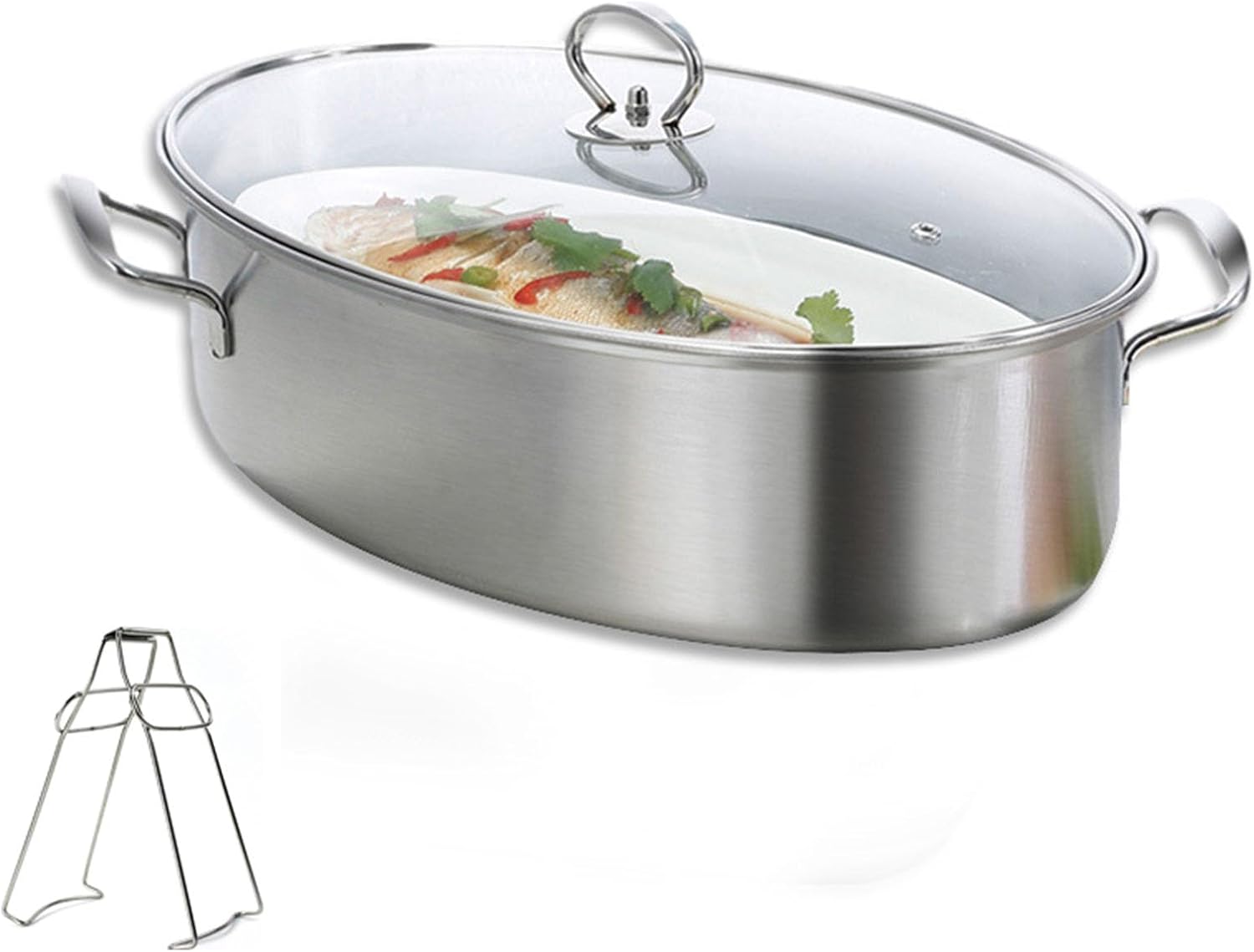The elliptical steamed fish pot,304 Stainless Steel Fish Steamer Elliptical Steamed Fish Pot Multi-Use Oval Roasting Cookware & Hotpot with Rack