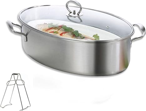 The elliptical steamed fish pot,304 Stainless Steel Fish Steamer Elliptical Steamed Fish Pot Multi-Use Oval Roasting Cookware & Hotpot with Rack