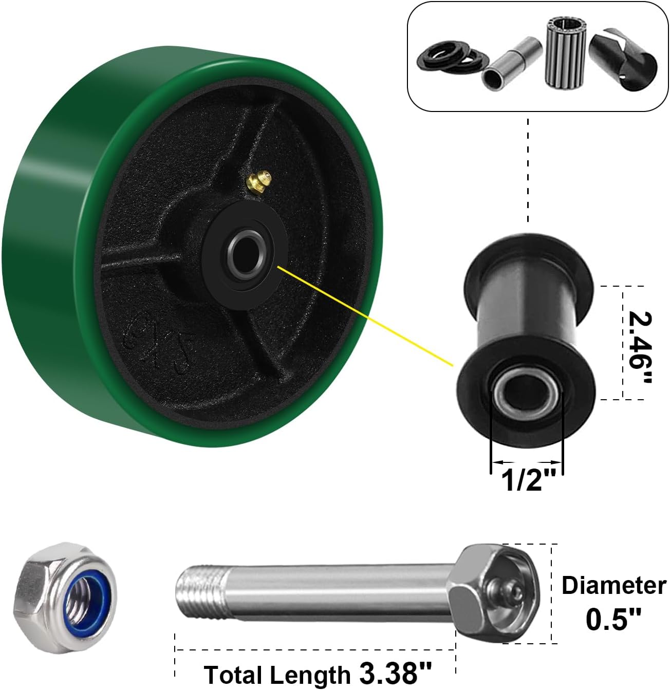 6" x 2" Heavy Duty Caster Wheels, Polyurethane on Cast Iron Wheel, Set of 2 Replacement Industrial Caster Wheels for Cart Toolbox (2 Wheel, Green)