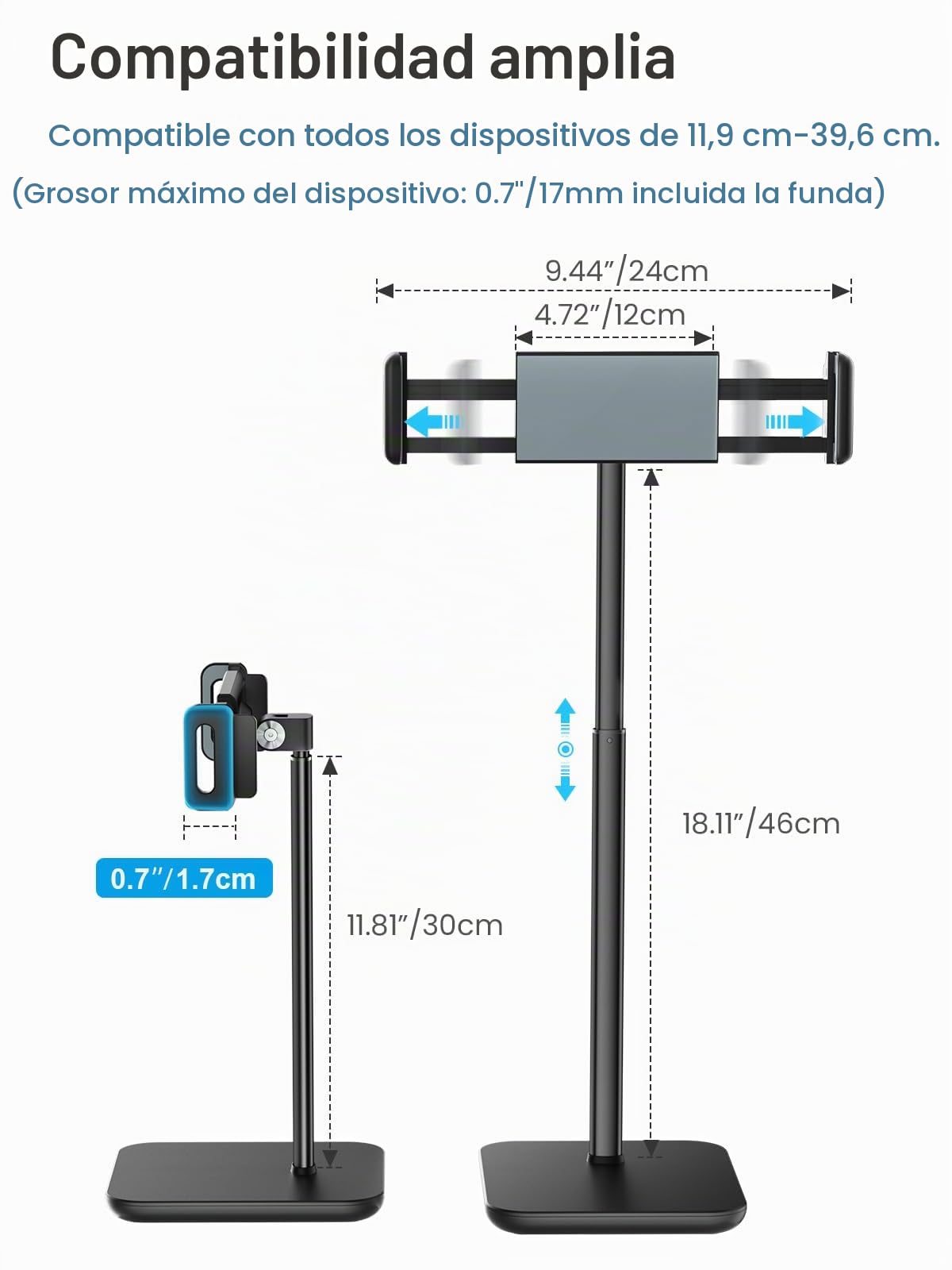 tounee Soporte para Tablet Ajustable, soporta 1,6 kg, Altura hasta 18'', Compatible con iPad Pro 12.9, Surface Pro y Dispositivos de 4,7 a 15,6 Pulgadas (iPad, iPhone, Kindle) -Negro
