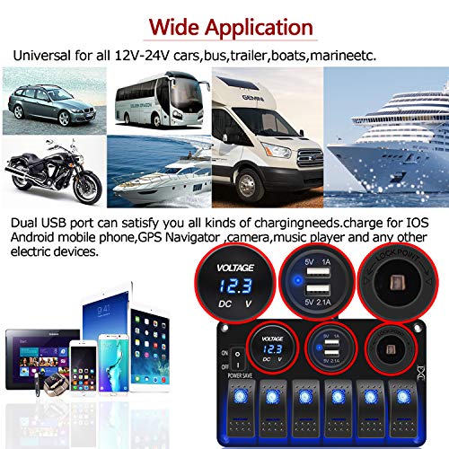 FXC Waterproof Marine Boat Rocker Switch Panel 6 Gang with 3.1A Dual USB Slot Socket + Cigarette Lighter +LED Voltmeter with Power-Save for Car Rv Vehicles Truck (6 Gang Blue LED) (6 Blue)