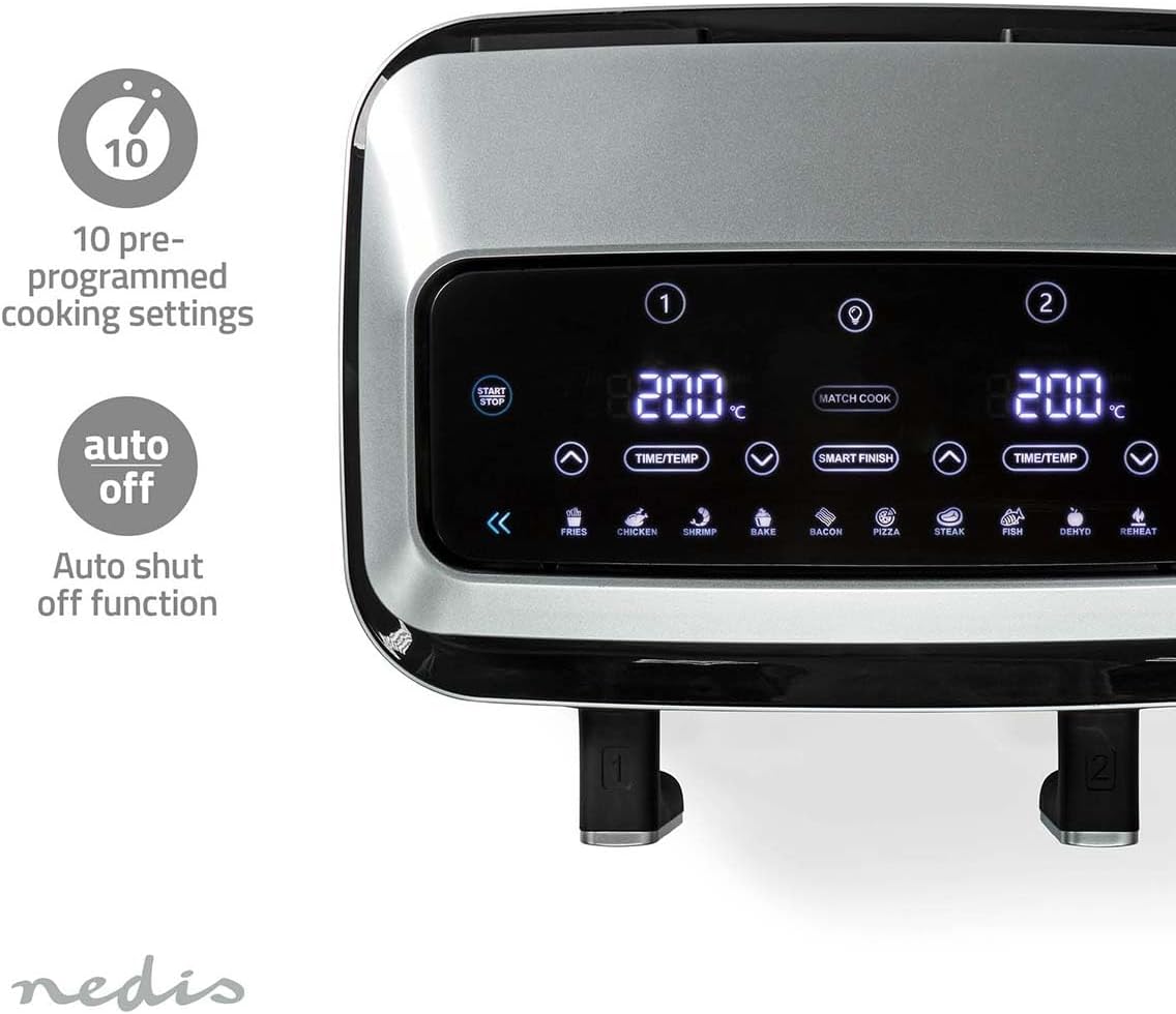 Digital control panel showing 10 pre-programmed cooking settings icons and an 'Auto Off' function indicator. The presets include fries, chicken, shrimp, bake, bacon, pizza, steak, fish, dehydrate, and reheat.