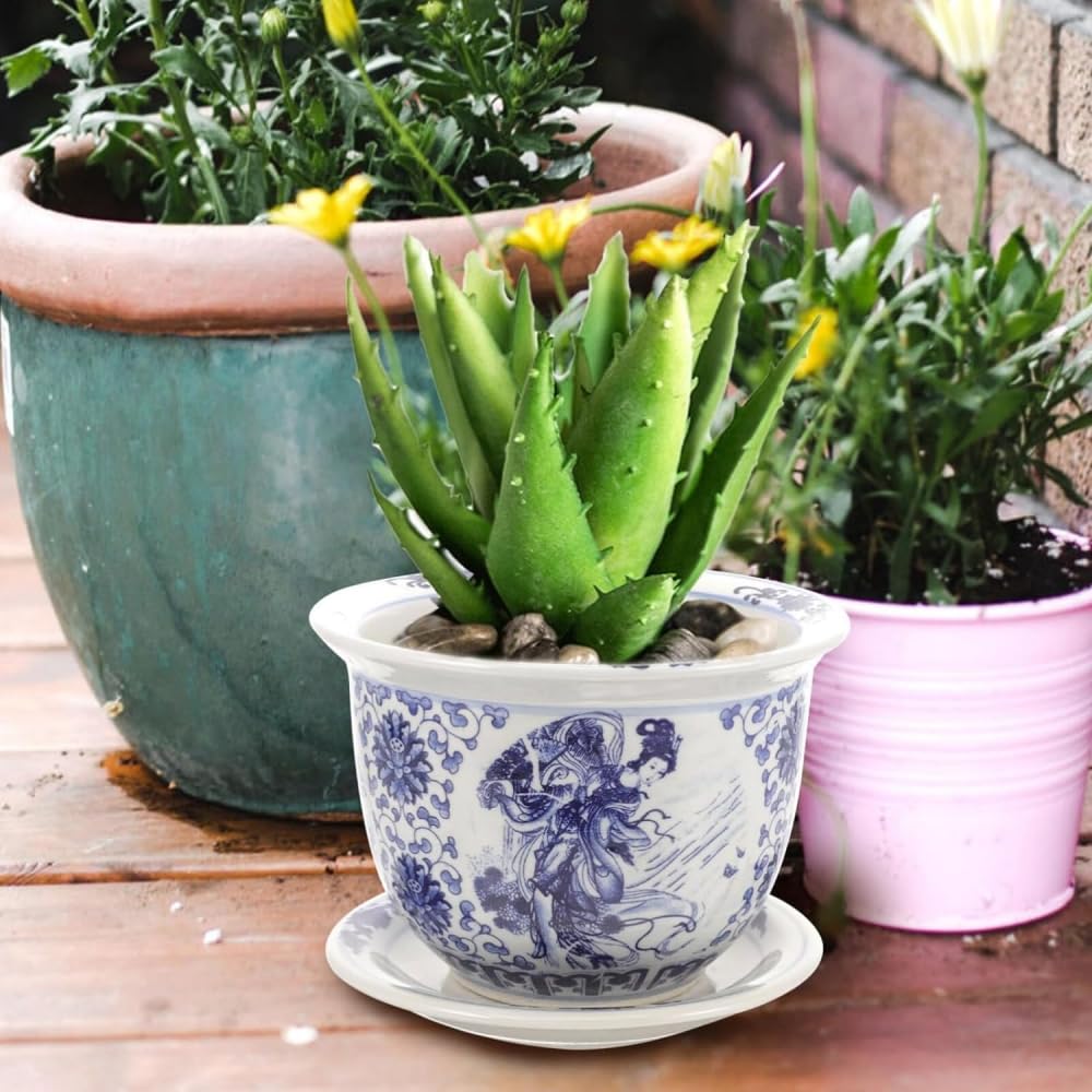 Niebiesko-biała ceramiczna doniczka z otworem drenażowym i spodkiem, dekoracyjna doniczka na rośliny doniczkowe-17,00X17,00X12,00 cm
