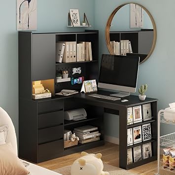 RuiSiSi L Shaped Home Office Desk with Hutch and Pegboard, 46" Executive Desk with Drawers, Bookshelf & Storage Shelves, Corner Computer Corner Table with LED Light, Black