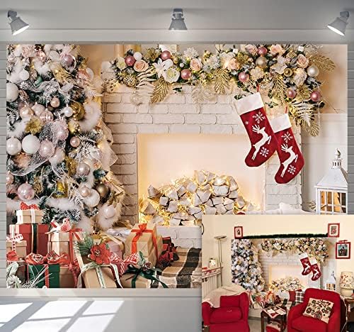 WDA Christmas White Brick Fireplace Backdrop Indoor Xmas Tree Xmas Stockings Photography Background Family Party Photo Decoration Banner (7x5FT)