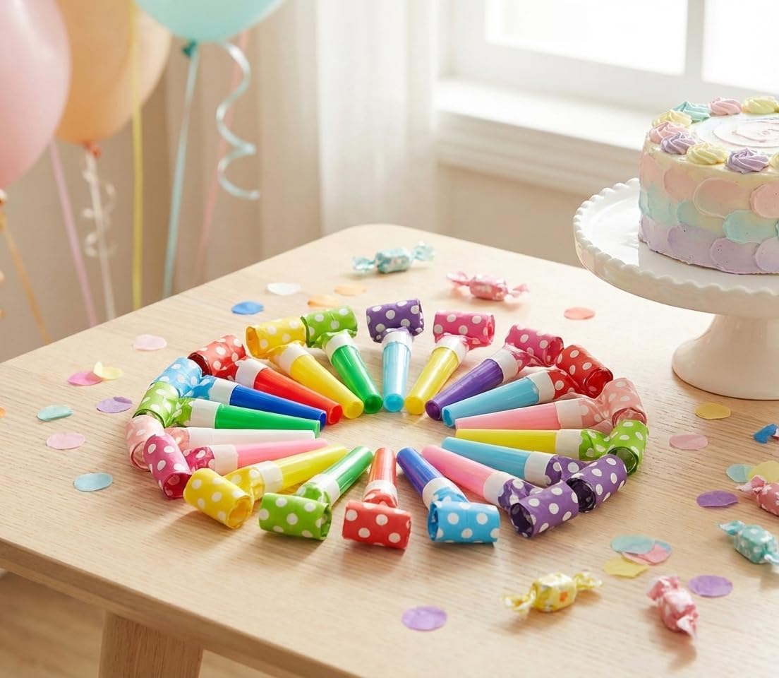 100 Pack Assorted Color Polka Dot Noise Makers, Party Blowers, Party Horns