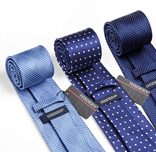 Hisdern Ties For Men Pocket Square Sets Business Elegant Checkered Polka Dot Necktie Classic Lot 3 Pcs Wedding Party Blue Neck Tie & Handkerchief #TOP2