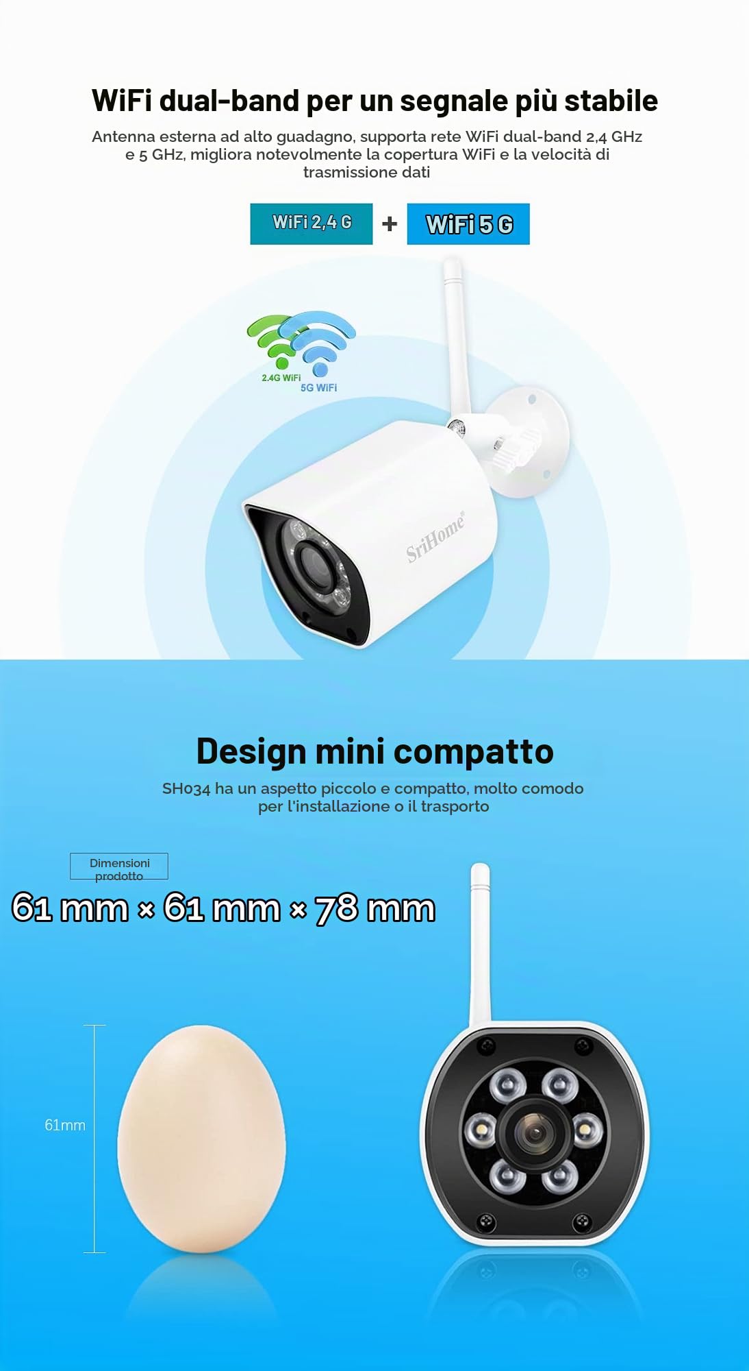 SRIHOME 5MP 1920P QHD Mini WiFi Surveillance IP Camera, Humanoid Detection, Full-color Starlight Night Vision, IP66 Waterproof, 2Way Audio, Outdoor/Indoor, Multi-method Local Storage