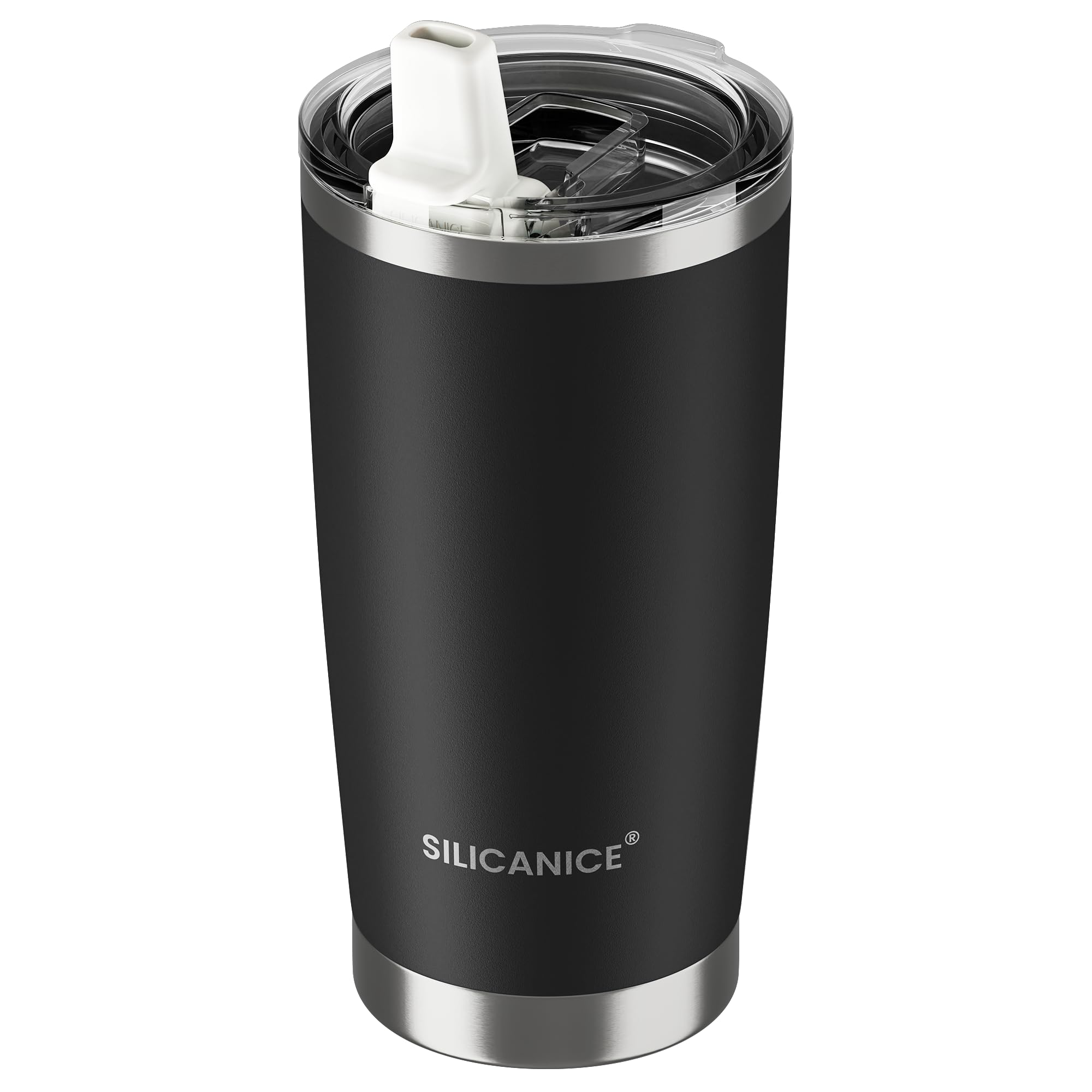 Schwarzer langlebiger Becher mit Pulverbeschichtung und auslaufsicherem Deckel, 590 ml, Edelstahl, isoliert, spülmaschinenfest, Thermobecher für Kaffee, Smoothies, Protein und Wasser