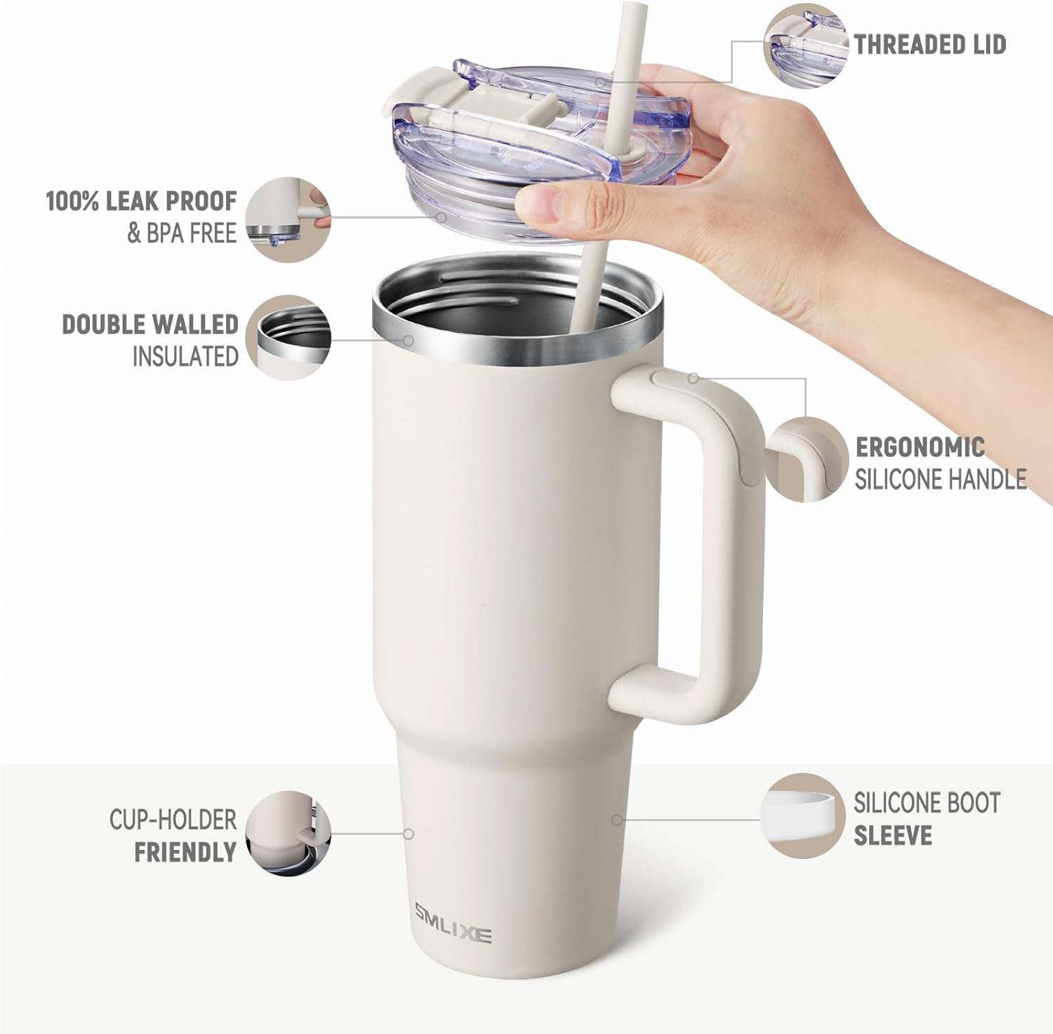 40 oz Tumbler with Handle and Straw Lid,Insulated Reusable Stainless Steel Water Bottle Travel Mug,Cupholder Friendly Double Wall Vacuum Sealed Cup (Almond Birch) - Image 2