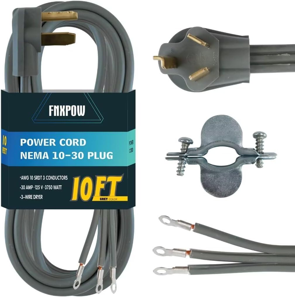 3 Prong Dryer Cord, 10FT 10/3 SRDT, 30 Amp Appliance Extension Power Cord, NEMA 10-30, Gray