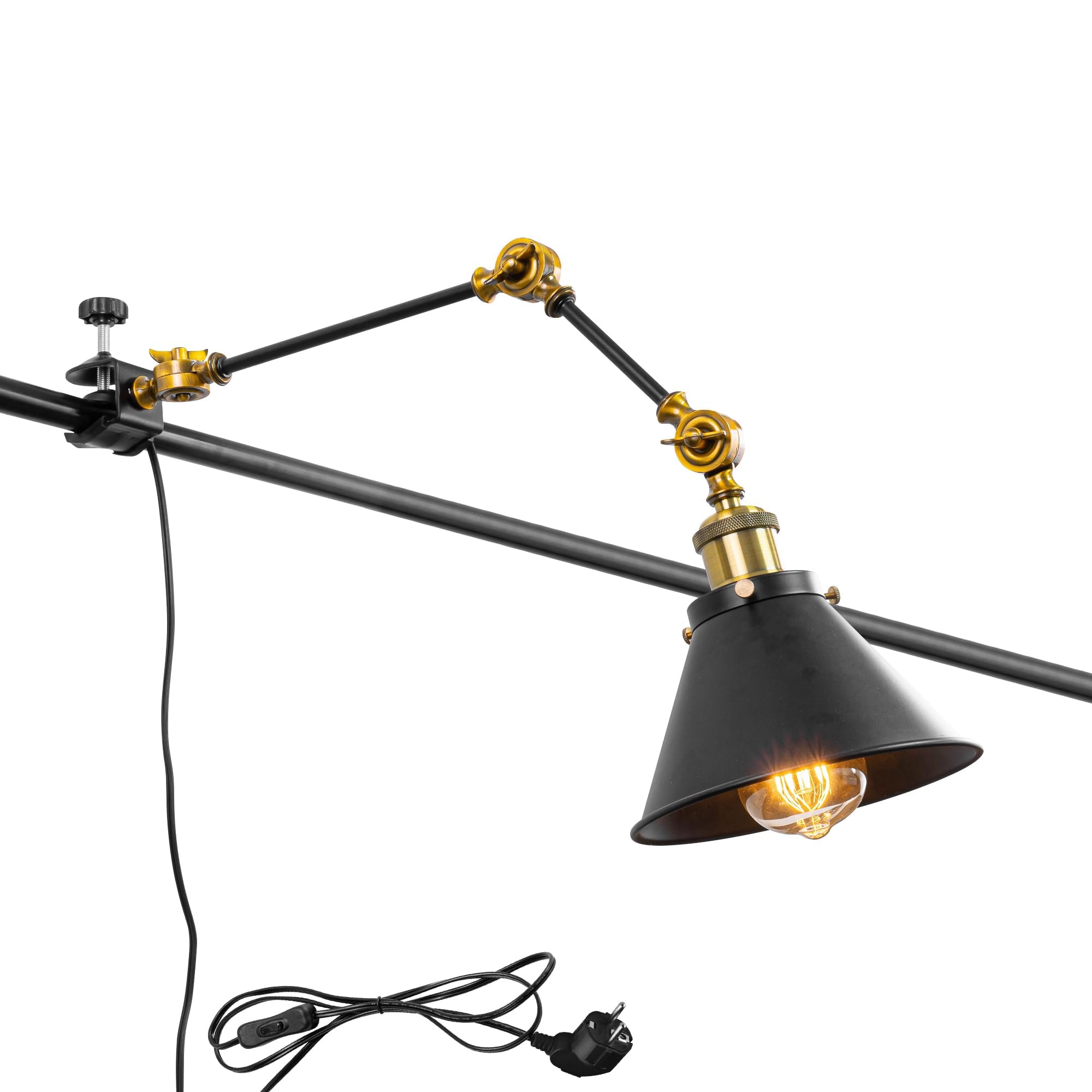 Schreibtischlampe mit Kabelschalter, Schwenkbar, Klemmlampe mit Schwenkarm und E27 Fassung für Bett und Schreibtisch, Klemmleuchte aus Metall in Schwarz,BD2788-HX