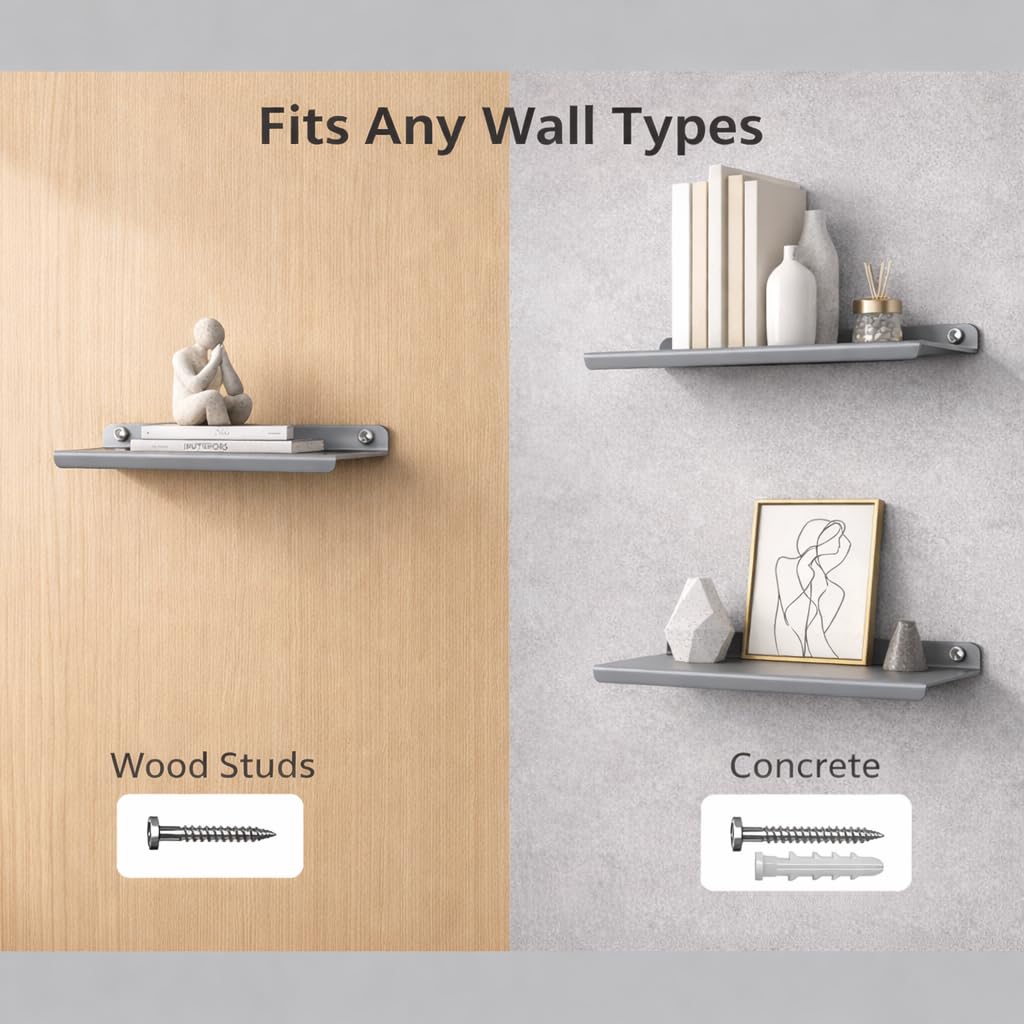 OrganizeMee Grey Metal Floating Wall Shelves – Long Wall Mounted Shelf for Living Room Decor, Bedroom & Home Walls | Modern Design Rack for Books, Plants, Showpieces & Organizer Use |Grey |17" Long 2