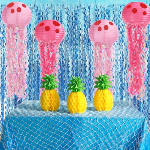 Resholder 11 Pcs Under the Sea Sponge Birthday Party Decor Kit 4 Pink Jellyfish 1 Fish Net 1 Ocean Waves Tablecloth 2 Tinsel Backdrop 3 Paper Pineapple for Cartoon Sponge Theme Birthday Baby Shower