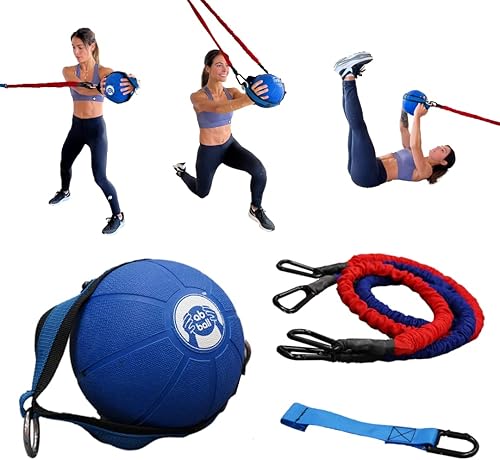 The Ab Ball - Sistema de entrenamiento de pelota medicinal 3 en 1 con correas de mano patentadas, bandas de resistencia, colgador de puerta,