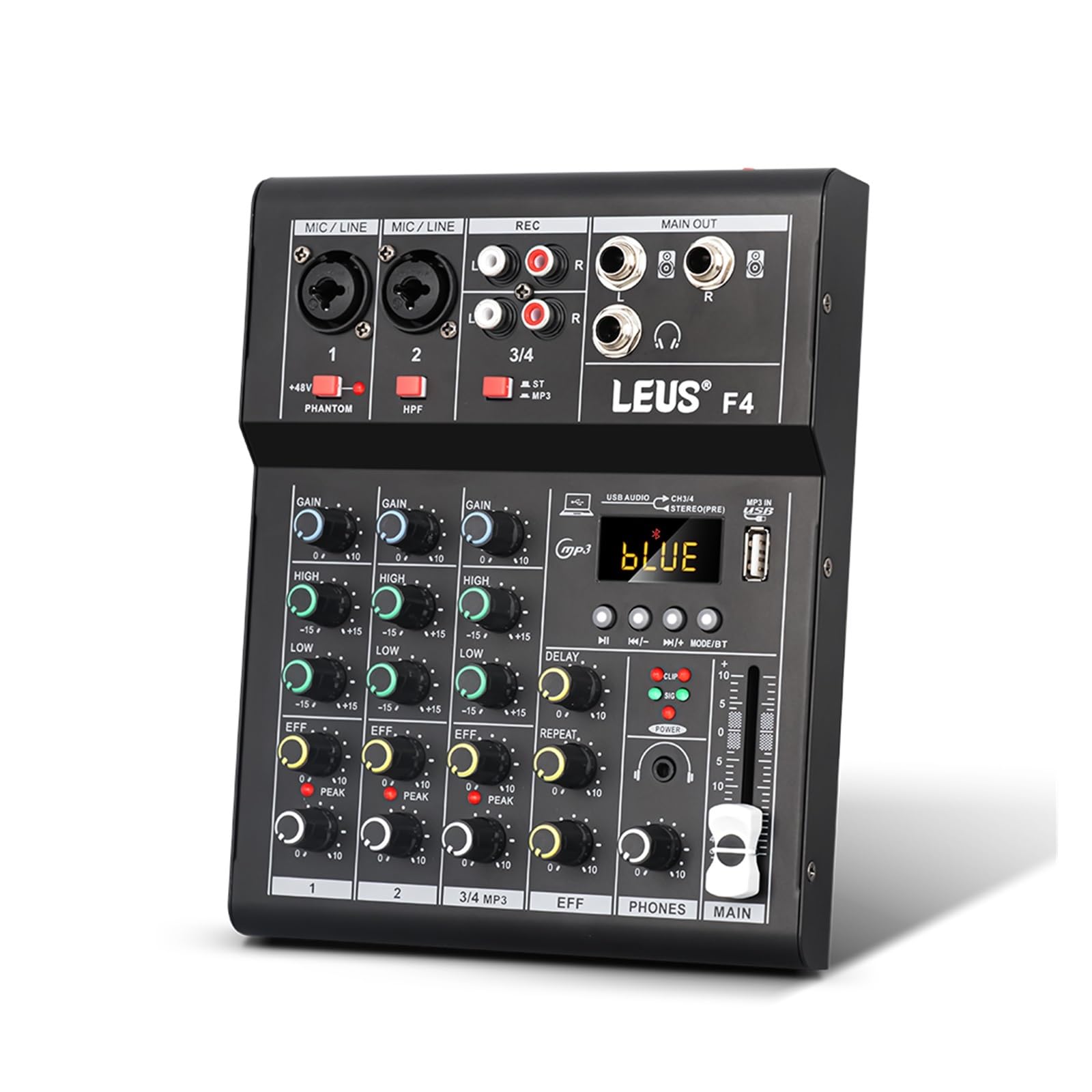Mikser DJ-ski, Interfejs miksera F4 Bluetooth USB Nagrywanie PC 48V Phantom Power Delay Repaeat Efekt 4-kanałowy DJ Mikser dźwięku(Silver)