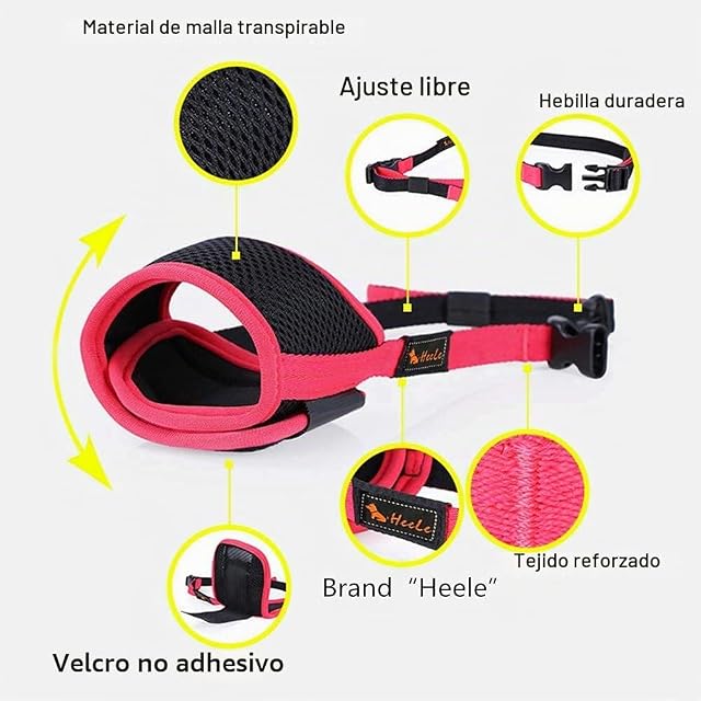 Foto 3 de 6 de HEELE Bozal para Perros Anti-Mordedor Malla Transpirable, Negro-Nananja, M