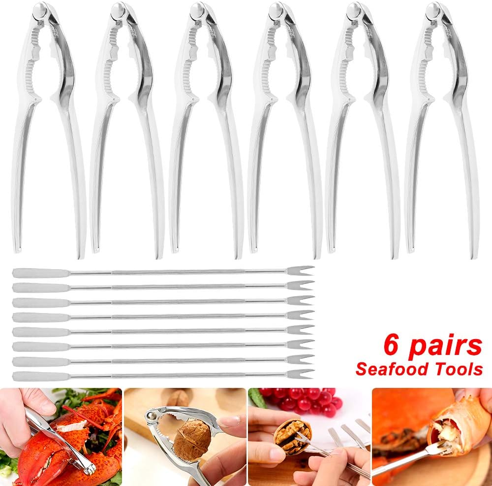 Seafood Tools Set Stainless Steel Seafood Nut Crackers Forks Set Including 8 Crab Leg Forks and 6 Crab Leg Crackers (14-Pack with Bag)