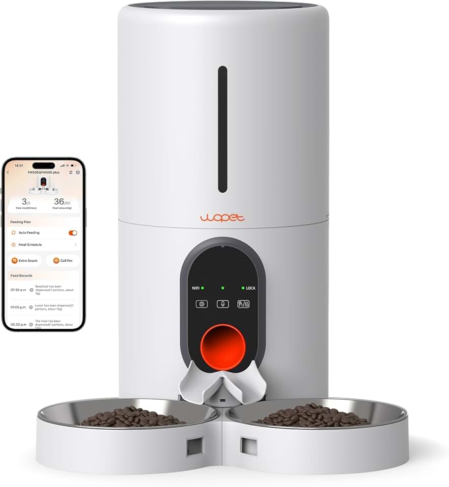 WOPET Automatic Cat Feeder, 5G WiFi Pet Feeder for Two Cats or Dogs with Remote Control, 6L Cat Food Dispenser with Low Food Senso
