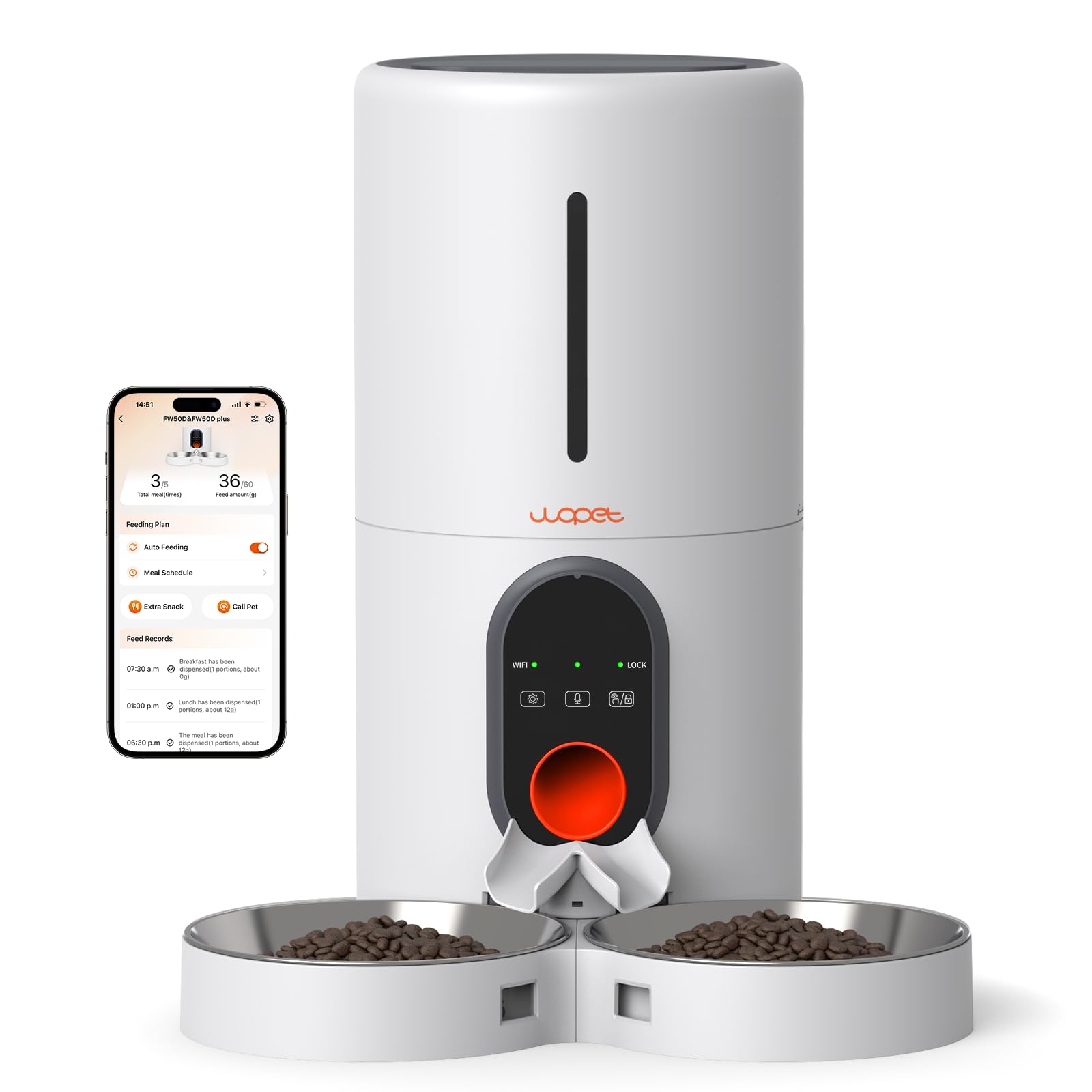 WOPET Automatic Cat Feeder, 5G WiFi Pet Feeder for Two Cats or Dogs with Remote Control, 6L Cat Food Dispenser with Low Food Sensor, 1-10 Meals Per Day, Up to 10s Meal Call for Pets