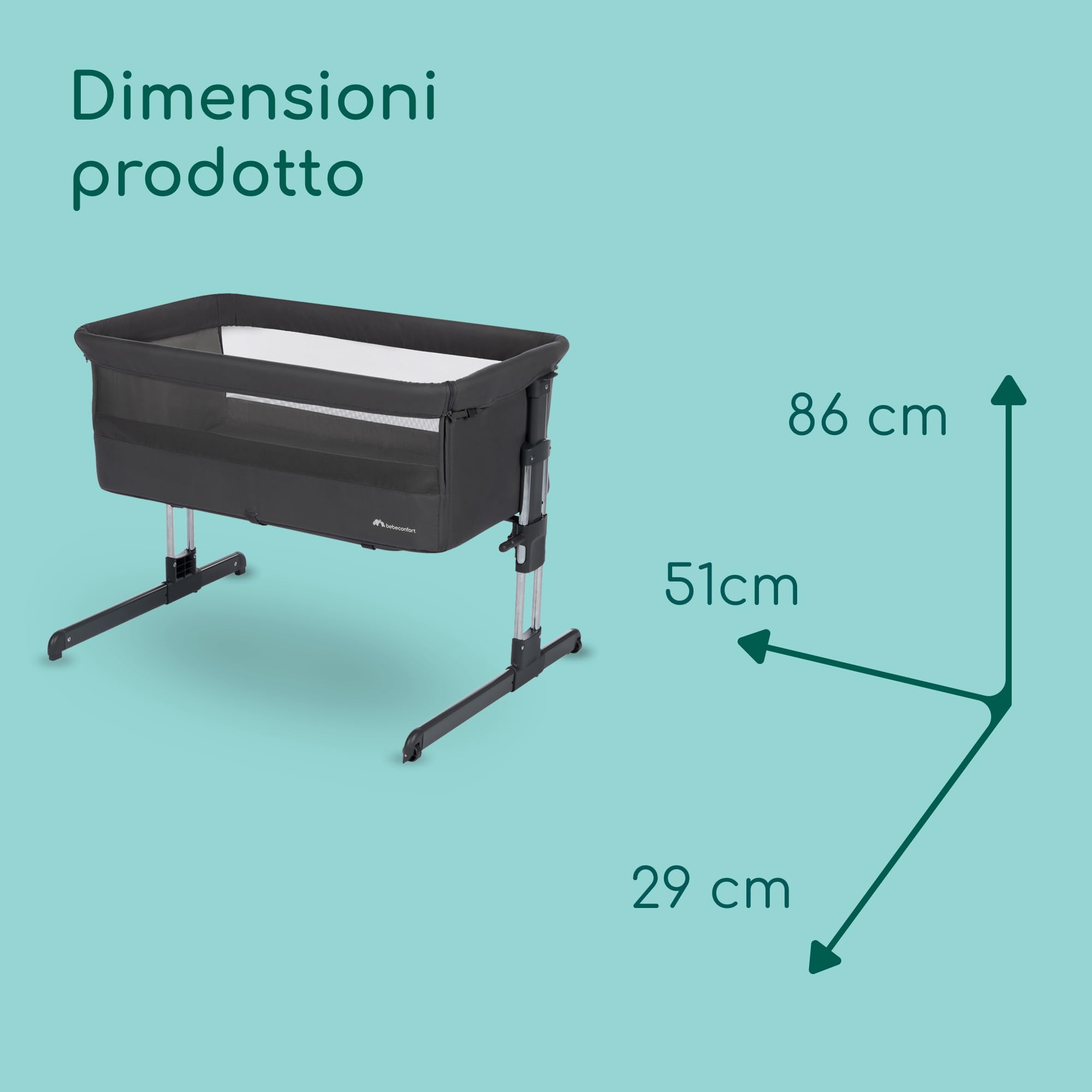 Bebeconfort Calidoo, Culla Neonato Fianco Letto 2 in 1, 0-6 Mesi (0-9 kg), Culla Co-sleeping Reclinabile, 5 Altezze, Ampio Materasso Imbottito, Pannelli a Rete, Lato Facile da Aprire, Tinted Graphite