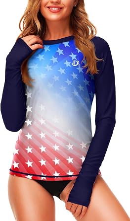 Deerose Womens Gradient Rash Guard UPF 50+ Swim Shirts Surfing Top with Thumb Hole