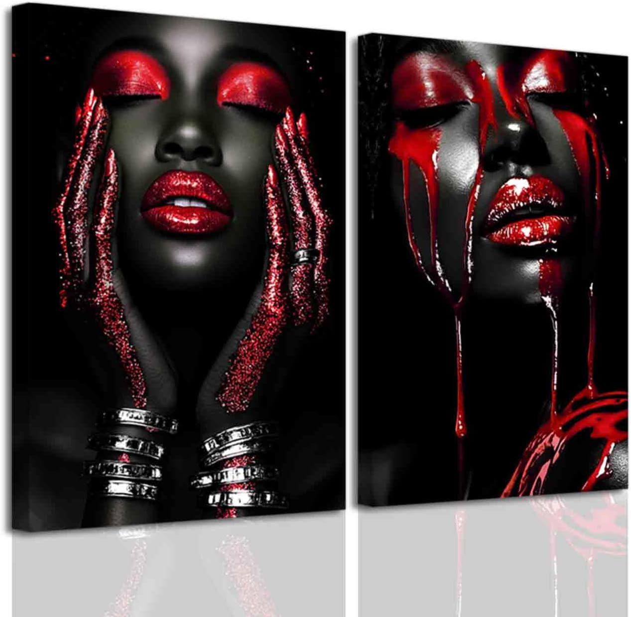 BJYCHG 2Pcs African American Canvas Wall Art Abstract Black Woman Face Painting Prints Fashion Black Female Portrait Poster Pictures Modern Girl Bedroom Room Decor (Blue, (20x30inx2 Pieces))