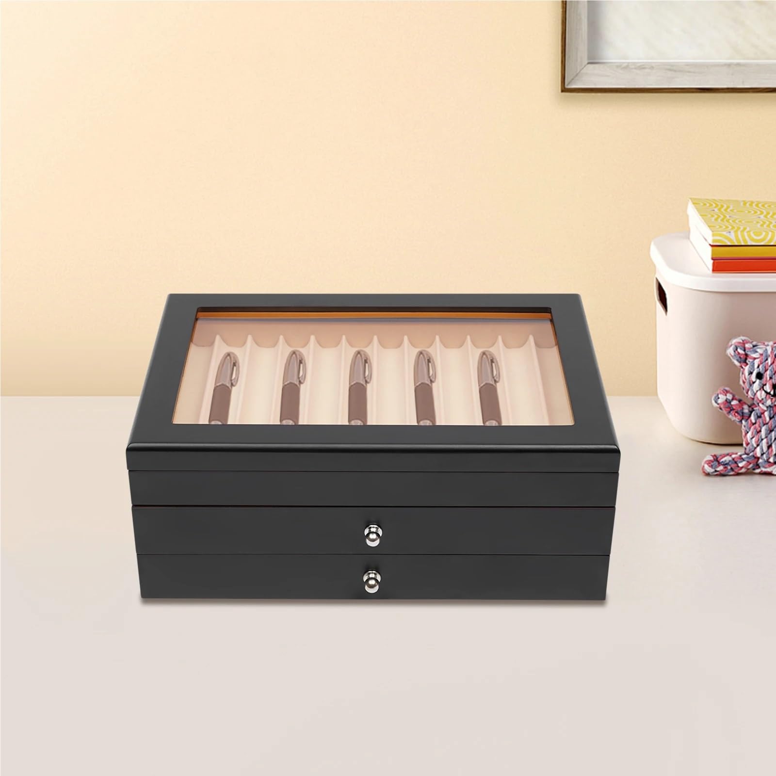Présentoir à stylos en Bois à 3 Couches, boîte de Rangement pour 34 stylos Plume, étui de Rangement en Cuir PU pour Ranger Les stylos