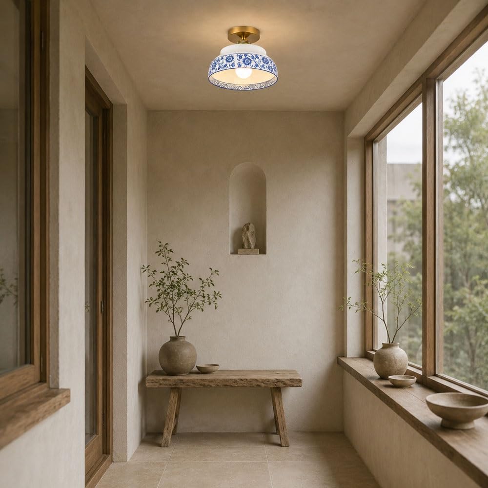 Jadssox Niebiesko-biała Ceramiczna Lampa Sufitowa W Stylu Vintage Złota Plafon, Porcelana Blisko Lamp Sufitowych Do Przedpokoju Kuchnia Przedpokój Foyer Balkon