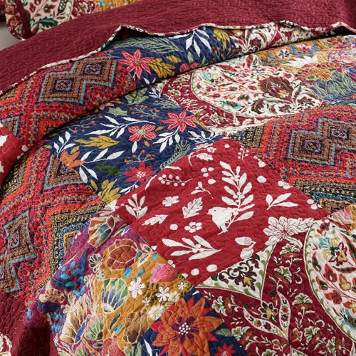 ENASAL Cotton Bedspread Quilt Sets Reversible Bedding Coverlet Sets Comforters Vintage Luxury Damask Floral Real Patchwork Burgundy Bedspread,Queen Size by ENASAL - Image 5