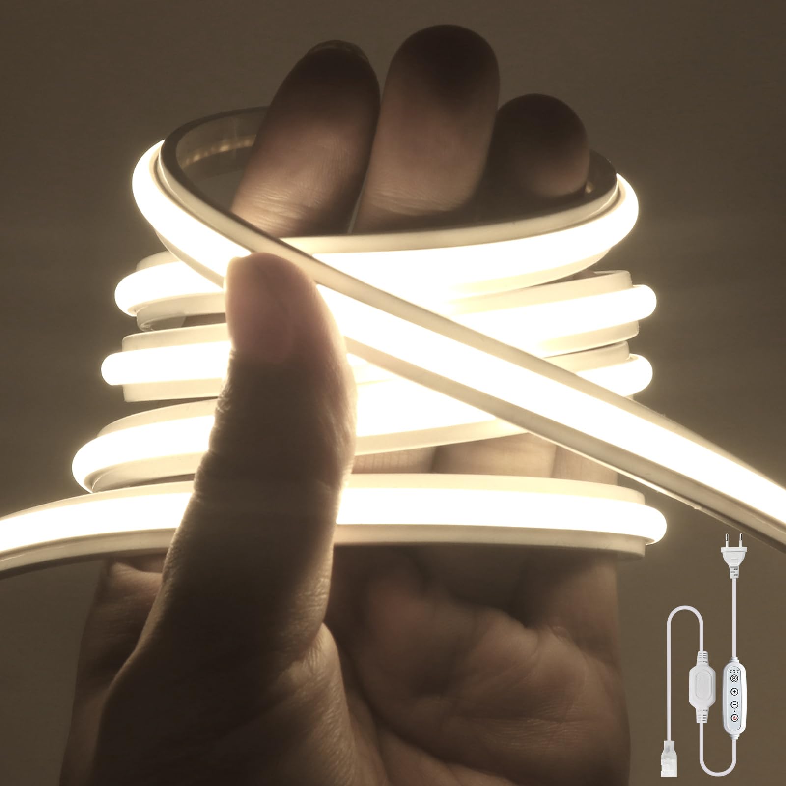 230V COB Neon LED Streifen, Dimmbar 240LEDs/m Superhell Hohe Dichte IP65 Wasserdicht Diffusion Flex COB LED Leiste Lichtband Strip für DIY Innen-und Außenbeleuchtung Projekte (Naturweiß, 23M)