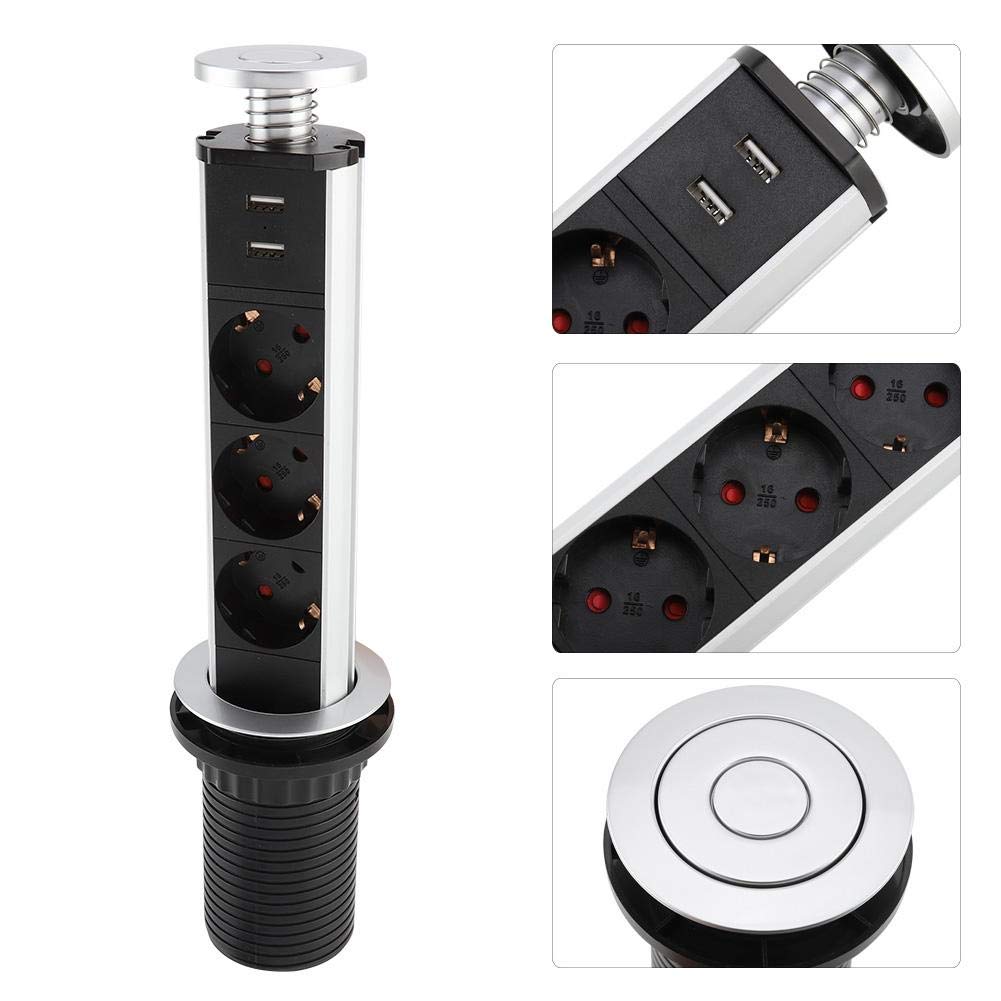 Presa a scomparsa, presa da tavolo USB, presa multipla da incasso, con 3 prese e 2 USB, per piano di lavoro