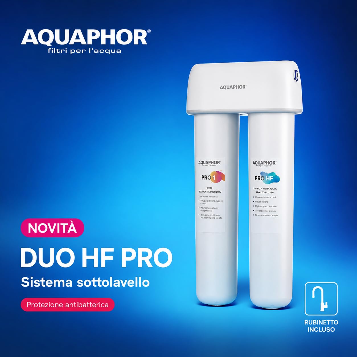 AQUAPHOR DUO HF Pro Sistema Filtrante Sottolavello con Rubinetto + Set di 2 Cartucce di Ricambio Pro 1 e Pro HF, Membrana a Fibra Cava