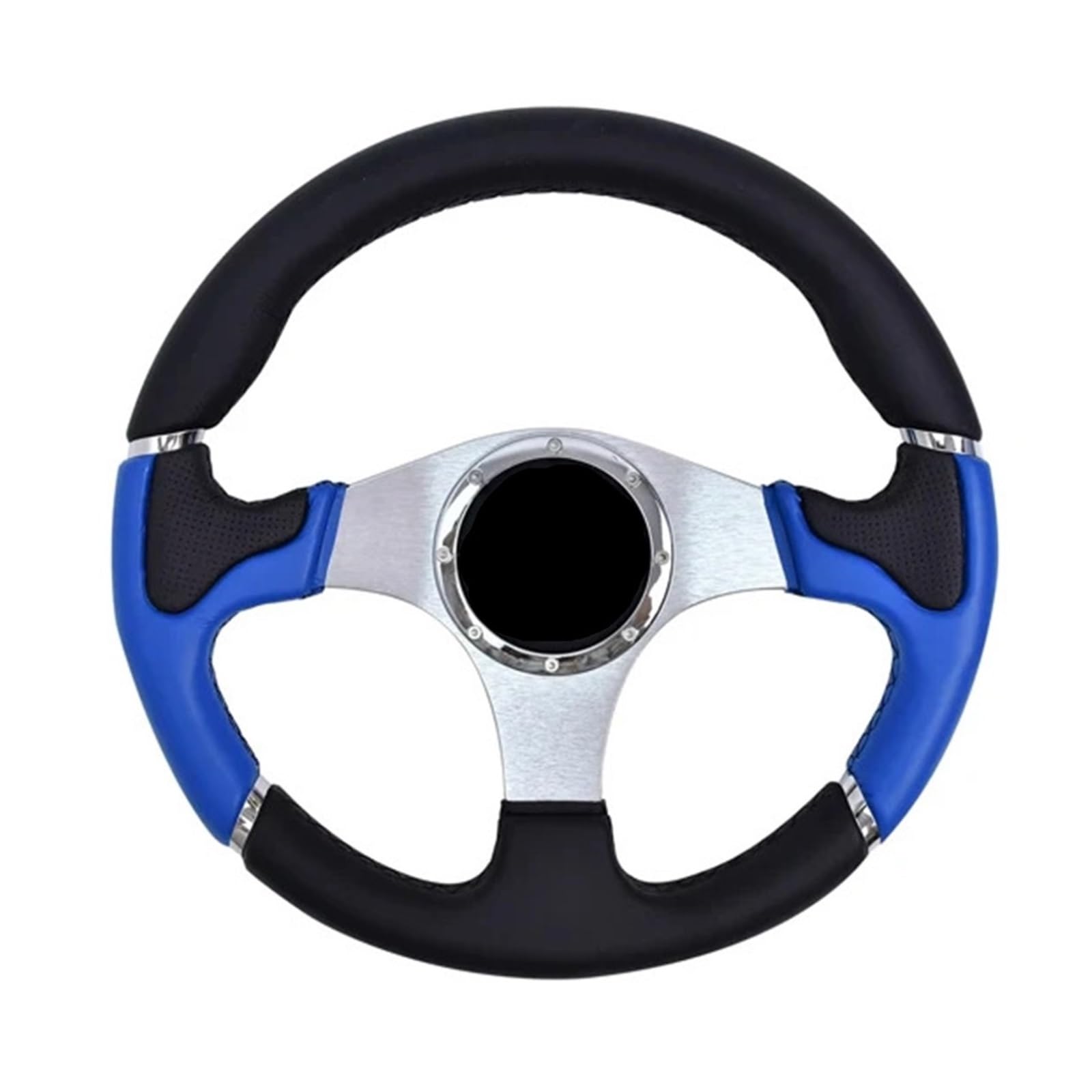Volante da corsa classico in pelle blu da 350 mm, staffa argentata, misura universale per auto sportive, drift e uso su strada, impugnatura antiscivolo e design elegante