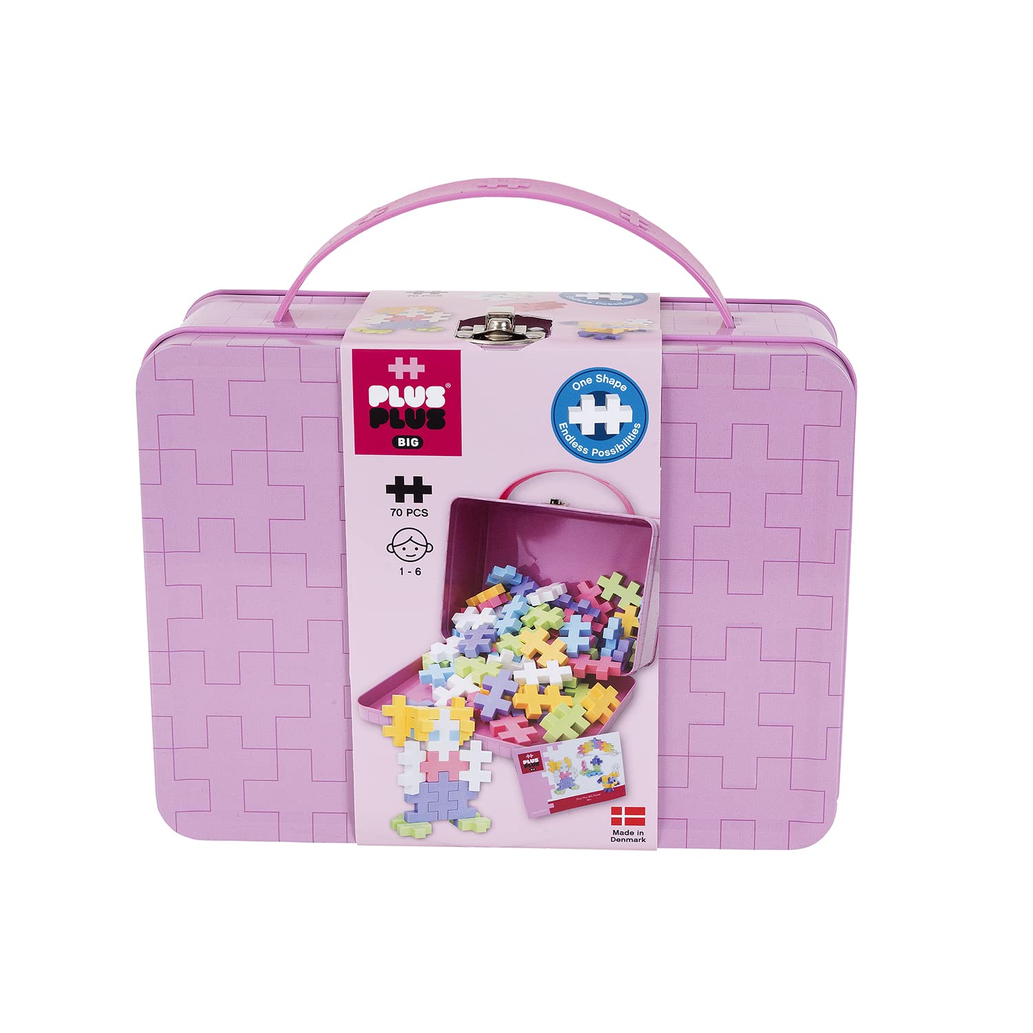 Plus-Plus 9603275 - Set di mattoncini da Costruzione, in Pratica Scatola di Metallo con Manico, 70 Pezzi, Multicolore