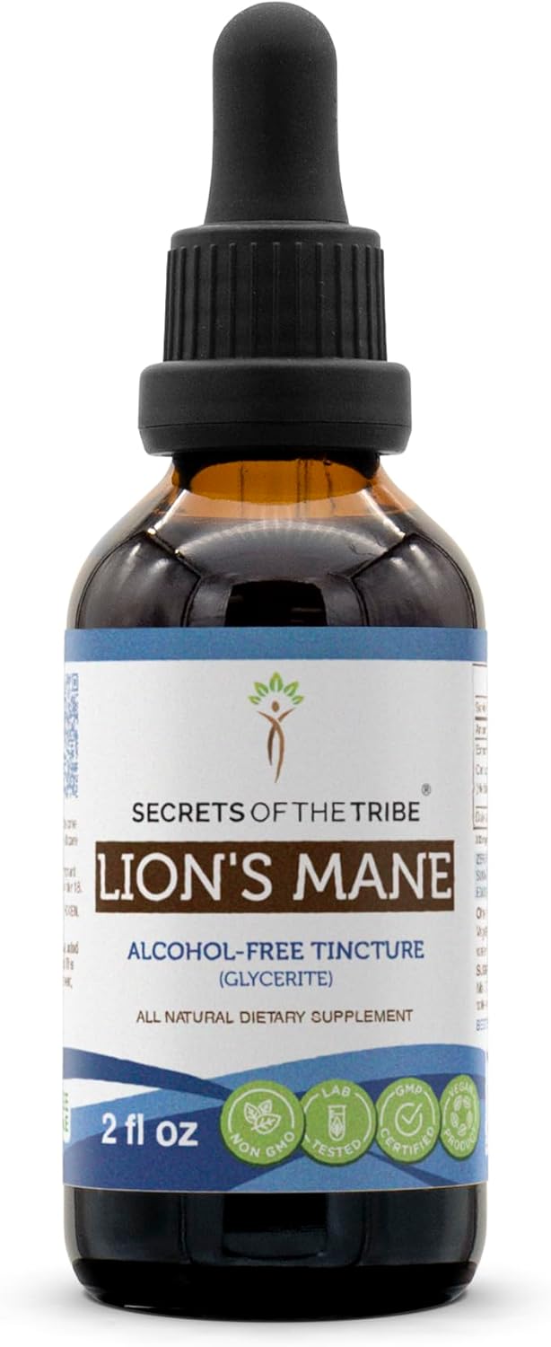 Secrets of the Tribe Lion's Mane Tincture Alcohol-Free Extract, Lion's Mane (Hericium erinaceus) Dried Mushroom (2 fl oz)