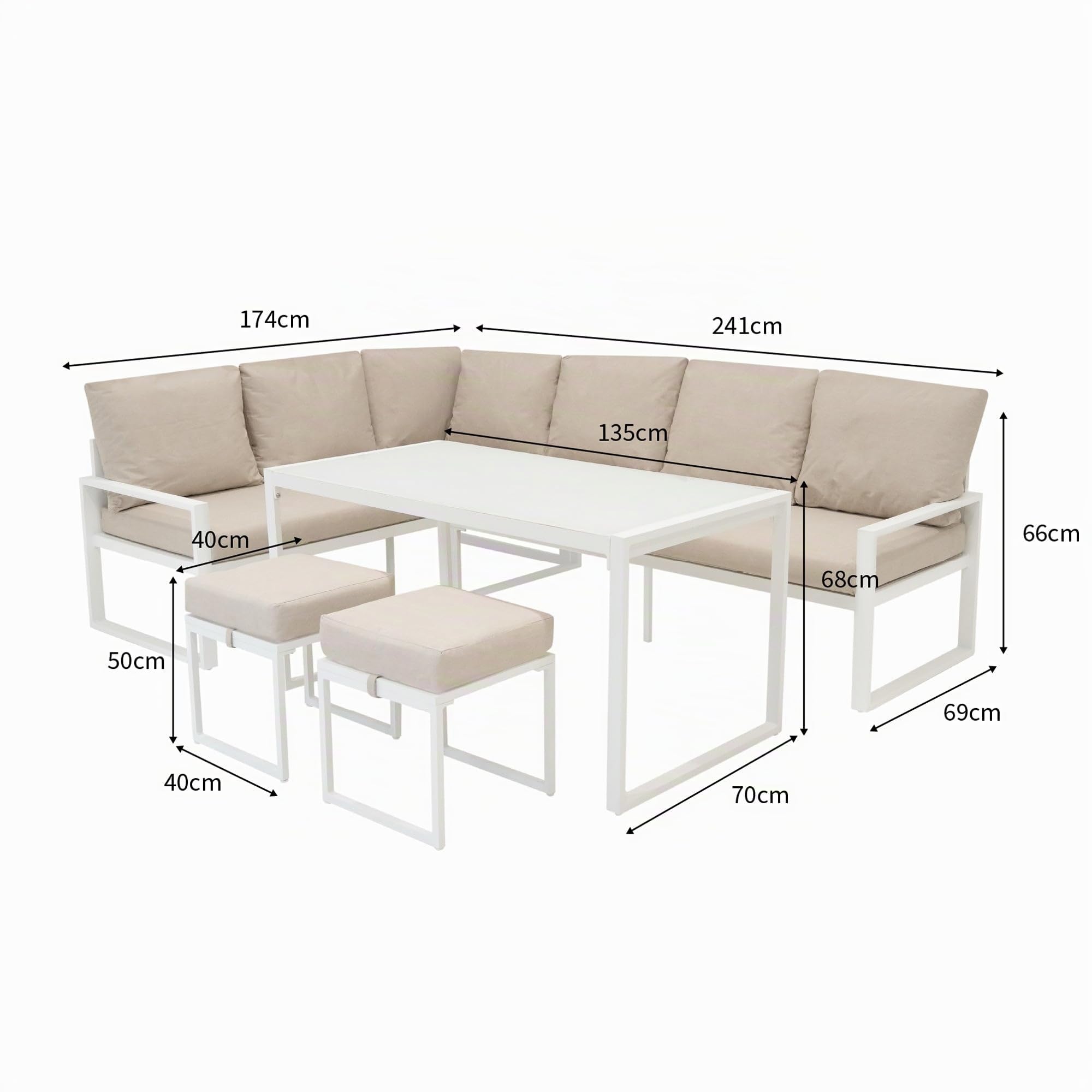 Set Mobili da Giardino in Alluminio 7 Posti Divano Angolare da Esterno con Tavolo da Pranzo in Vetro Temperato e 2 Sgabelli, Cuscini Lavabili, Copertura Impermeabile Inclusa - Bianco