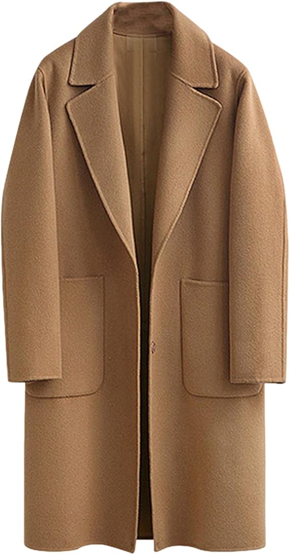 Omoone Women's Notched Lapel Wool Coats Mid Long Button Pea Coats Warm Thicken Trench Jacket