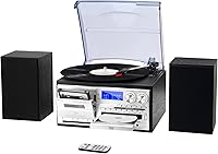 MUSITREND 10-in-1 Record Player with Speakers, 3-Speed Turntable, Bluetooth, CD/Cassette, USB/SD, AM/FM Radio, Remote - Black