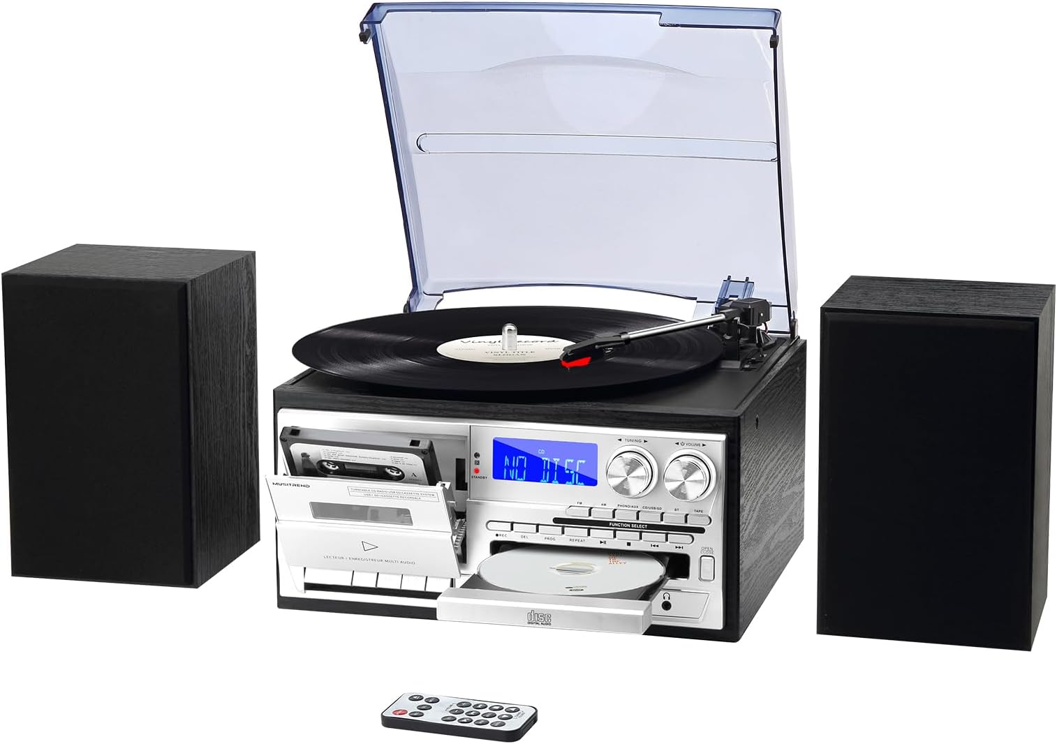 MUSITREND - 10 in 1 External Speaker 3 Speed Disc Player with AM/FM Radio, CD Player and Cassette Player, Bluetooth, USB/SD Playback, Remote Control, Black