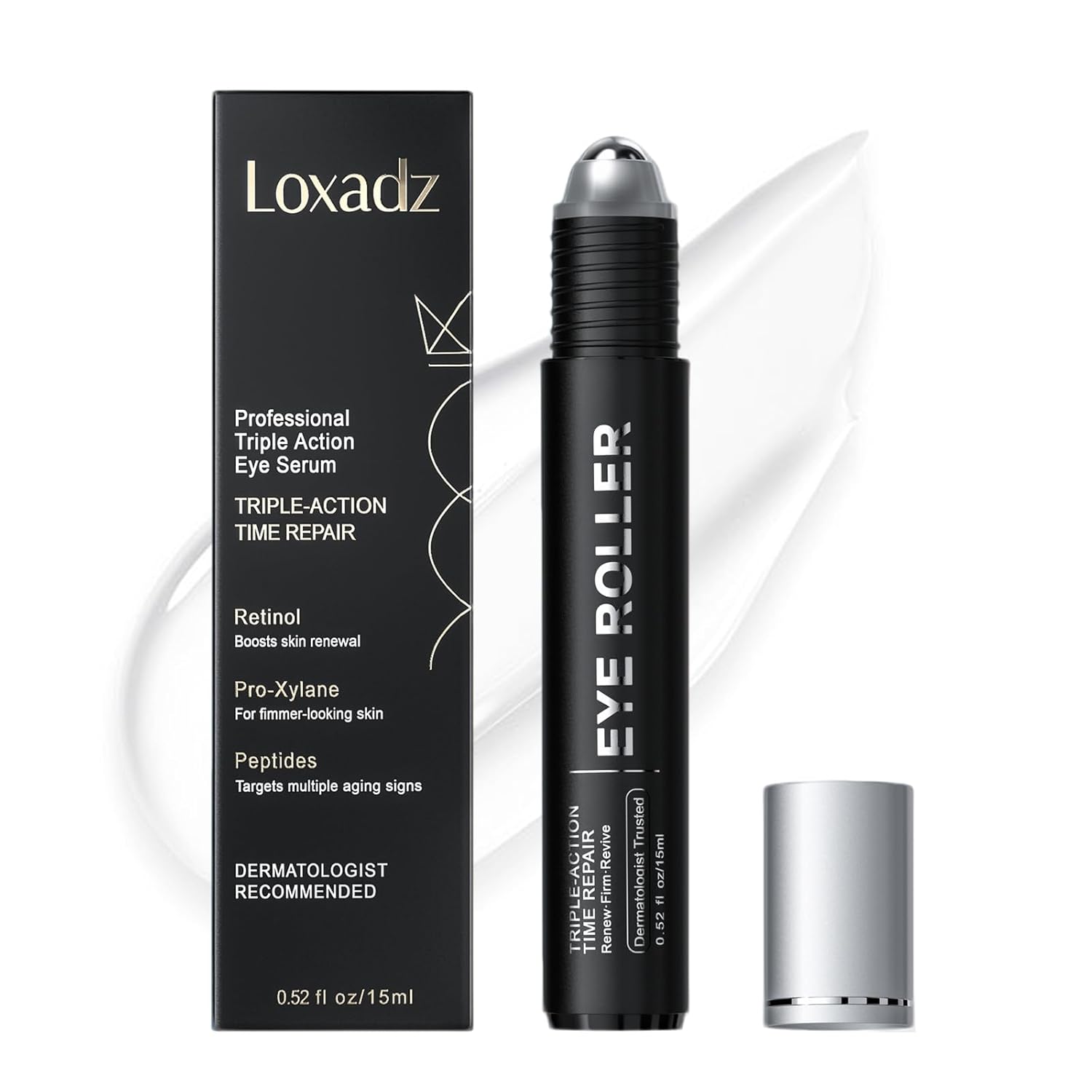 Loxadz Under Eye Brightener Serum with Cooling Rollerball, Zero Irritation Retinol Eye Cream for Puffy Bags, Fine Lines and Wrinkles, Hydrating Massage Roller for Dark Circles, 0.52 fl.oz