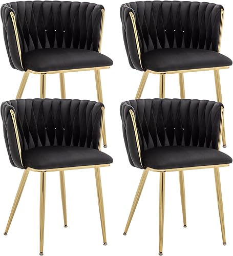 Miniatura 19 de Kiztir Juego de 4 sillas de comedor de terciopelo modernas tapizadas con respaldo tejido y patas de metal dorado para sala de estar, dormitorio,