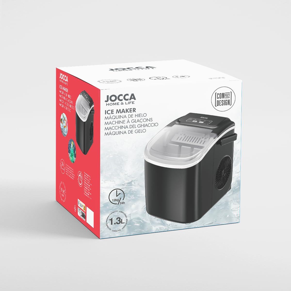 Jocca - Macchina per il ghiaccio domestica con capacità di 12 kg in 24 ore | Sistema autopulente | 2 dimensioni di cubi | Macchina per il ghiaccio portatile a casa