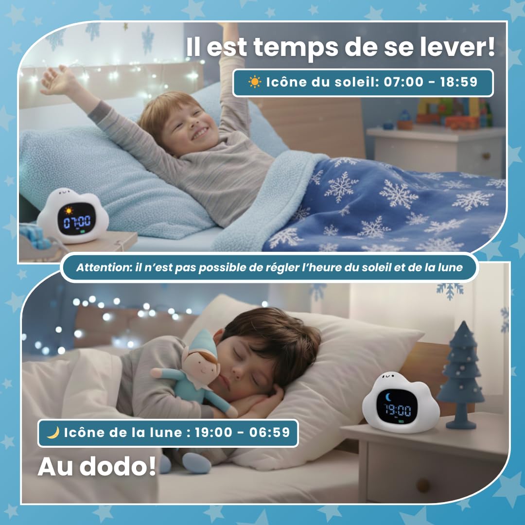 Sveglio bambino educativo giorno/notte - luce notturna per bambini musicale e luminosa, 4 anni di luminosità, orologio educativo con musica rilassante, rumore bianco, decorazione per camera da letto