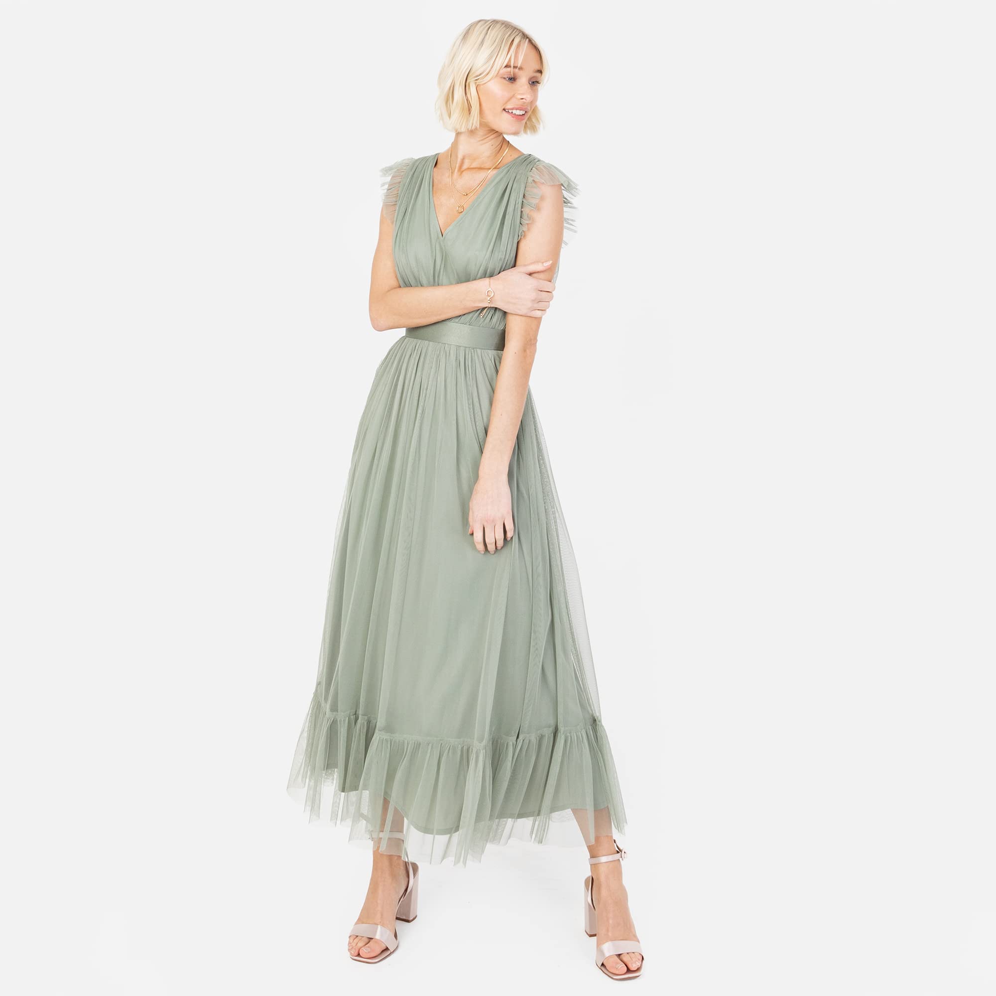 Anaya with Love Ladies Maxi Dress for Women V Neckline Sleeveless Frilly for Wedding Guest Bridesmaid Prom Long High Empire Waist Tiered